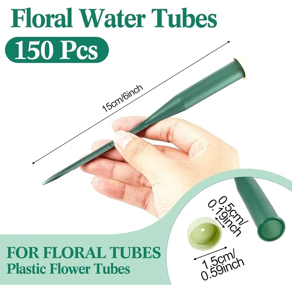 150 Pcs 6 Inch Floral Water Tubes Plastic Green Floral Tubes with Rubber Caps Fr